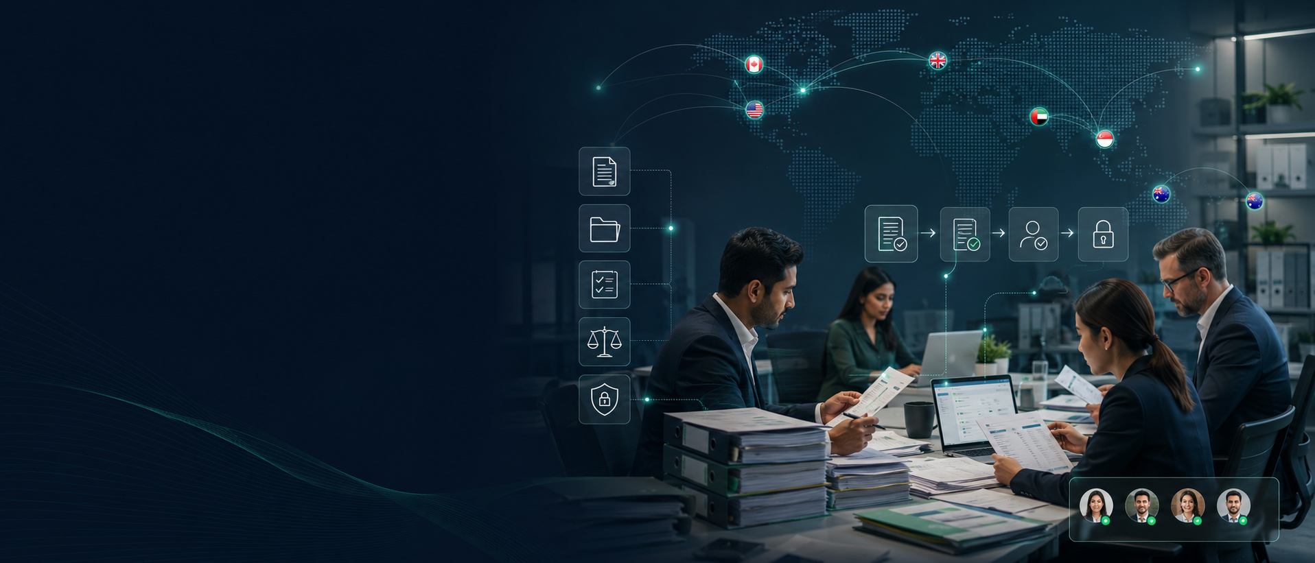 Global accounting team reviewing financial documents in client-controlled workflows