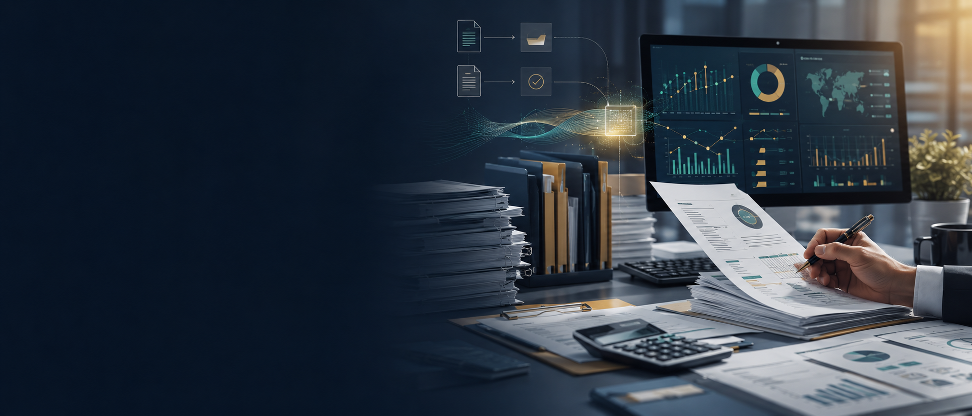 Financial documents moving through extraction, validation and reporting preparation